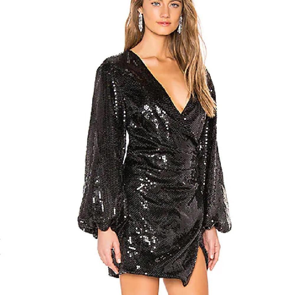 Lovers + Friends Ryder Mini Dress Black Sequin Wrap Party Dress M - Picture 2 of 8